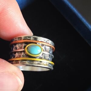 Silver, Brass and Gold Ring with Turquoise Stone